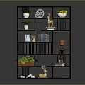 Modern Wooden and Black Shelving Unit with Potted Plants Decorative Items Books and Trophy