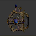 Fantasy Weapon Shield Design With Ornate Golden Decor Blue Gemstone And Chain Details