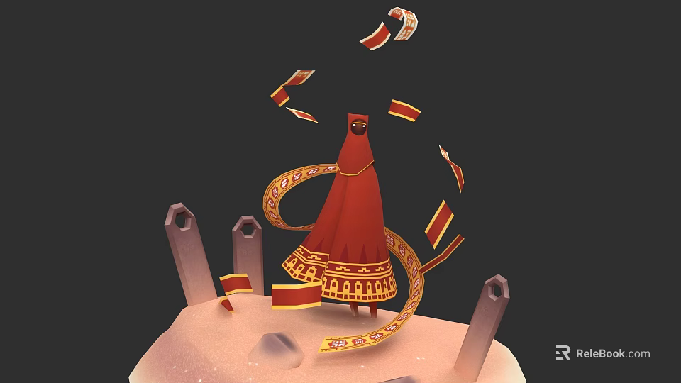 Red Robed Figure With Golden Decorations And Floating Ribbons Standing On Platform Near Stone Pillars 3d model 