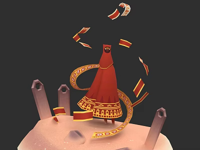 Red Robed Figure With Golden Decorations And Floating Ribbons Standing On Platform Near Stone Pillars 3d model