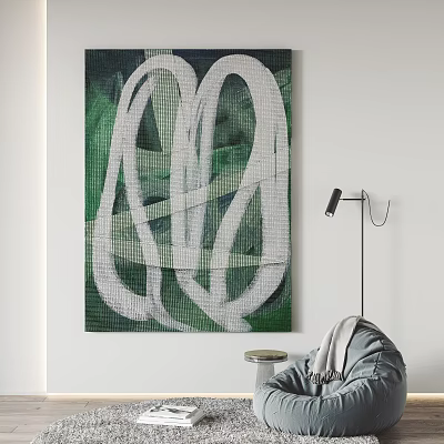 Green And White Abstract Painting With Fluid Lines In Modern Interior Wall Decor 3d model