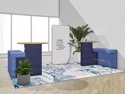 Modern Public Chairs With Blue Structure Green Plants And Decorative Rug 3d model