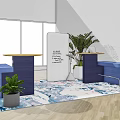 Modern Public Chairs With Blue Structure Green Plants And Decorative Rug