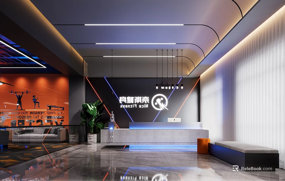 Modern Shopping Mall Lobby Interior With Outlet Mall Reception Desk Plant And Lighting 3d model 