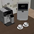Modern Coffee Machine And Water Dispenser With White Coffee Cups On Wooden Table