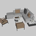 Gray L Shaped Sofa and Coffee Table Set with Brown Armchairs Black Frames Accent Pillows 3d model