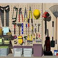 Pegboard Wall With Organized Tools Storage Bins Hard Hat Rake And Vacuum Cleaner