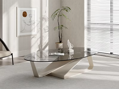 Modern Glass Coffee Table with Unique Geometric Metal Base in Bright Living Room 3d model