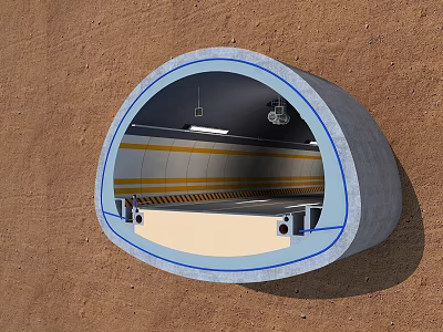 Concrete Underground Road Tunnel Infrastructure With Yellow Stripes And Ceiling Lights 3d model