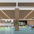 Modern Indoor Badminton Court With Green Surface And Wooden Ceiling Design