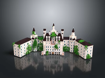 Classic European Castle Architecture With Multiple Towers Dark Roofs Light Walls Green Plants and Reflection 3d model