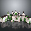 Classic European Castle Architecture With Multiple Towers Dark Roofs Light Walls Green Plants and Reflection