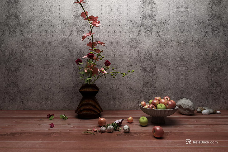 Decorative Ornament Arrangement With Brown Vase Flowers Green Bowl Apples Scattered Ornaments On Wooden Floor 3d model 