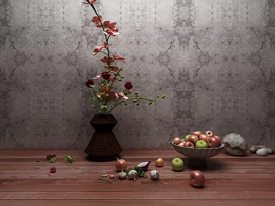 Decorative Ornament Arrangement With Brown Vase Flowers Green Bowl Apples Scattered Ornaments On Wooden Floor 3d model