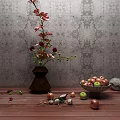 Decorative Ornament Arrangement With Brown Vase Flowers Green Bowl Apples Scattered Ornaments On Wooden Floor