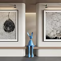 Botanical Tree Ring Paintings Hanging On Wall With Blue Rabbit Decoration 3d model