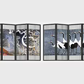 Artistic Decorative Screen With Crane Patterns And Landscape Elements In Black Frame 3d model