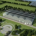 Modern Industrial Factory Building with Green Landscaping Glass Facade and Trees