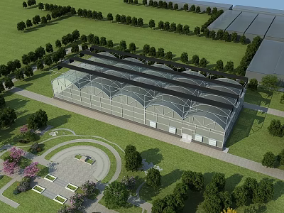 Modern Industrial Factory Building with Green Landscaping Glass Facade and Trees 3d model