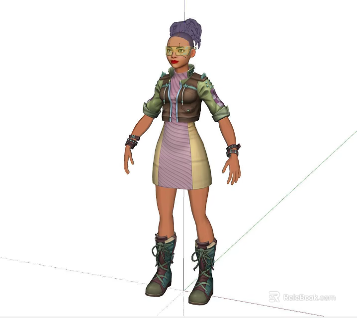 Colorful Game Character With Purple Hair Green Eyes Green Jacket And Striped Dress 3d model 