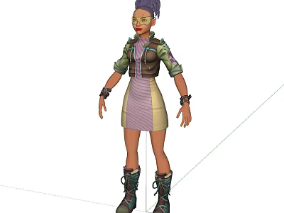 Colorful Game Character With Purple Hair Green Eyes Green Jacket And Striped Dress 3d model
