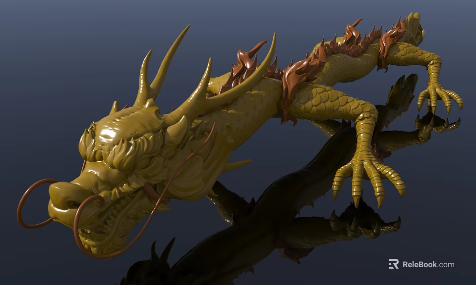 Detailed Yellow Reptile Sculpture With Long Body Horns Red Decorations Sharp Claws And Powerful Look 3d model 