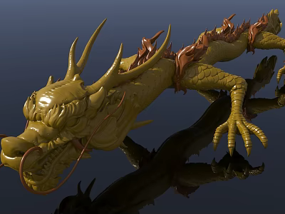 Detailed Yellow Reptile Sculpture With Long Body Horns Red Decorations Sharp Claws And Powerful Look 3d model