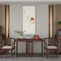 Chinese Style Interior Featuring Wooden Table And Chair Set With Decorative Painting And Potted Plants