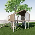Outdoor Treehouse Structure With Large Tree Green Lawn White Railing And Spiral Slide
