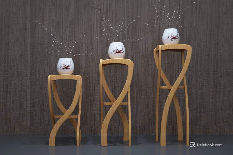 Three Wooden Plant Stands With Curved Design And White Vases Holding Decorative Plants 3d model 