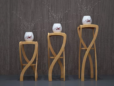 Three Wooden Plant Stands With Curved Design And White Vases Holding Decorative Plants 3d model