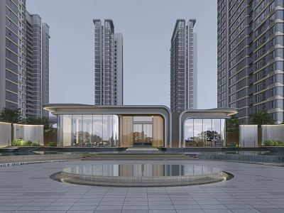 Modern High rise Residential Building With Glass Entrance Paved Plaza And Circular Water Feature 3d model