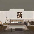 Guest Room Wooden Double Bed Rattan Sofa Fabric Sofa Stool Rattan Single Chair Chandelier Bedside Table Pillow Table Lamp 3d model