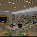 School Modern Classroom With Yellow Walls Wooden Ceiling Large Windows Tablets And Natural Light