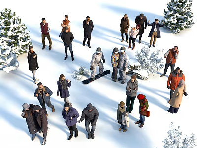 Group of People in Snowy Winter Scene with Trees and Snowy Ground 3d model