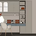 Stylish Modern Dressing Table Area With Light Colored Cabinets And Upholstered Chair
