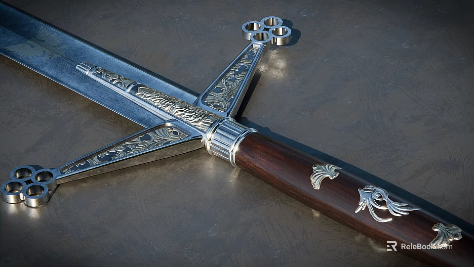 Ornate Decorative Sword With Engraved Metallic Blade And Wooden Hilt Design 3d model 