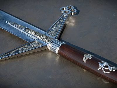 Ornate Decorative Sword With Engraved Metallic Blade And Wooden Hilt Design 3d model