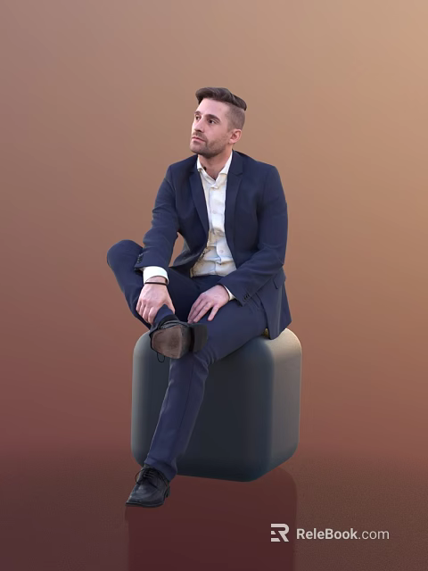 A Man In Navy Suit White Shirt Sitting On Gray Cylindrical Stool Brown Background 3d model 