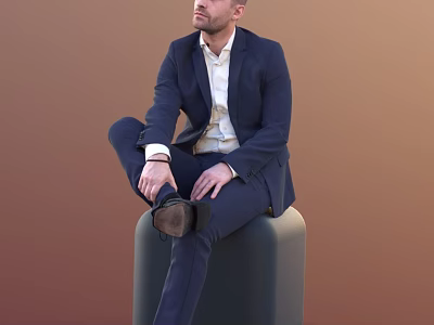 A Man In Navy Suit White Shirt Sitting On Gray Cylindrical Stool Brown Background 3d model
