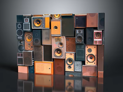 Stacked Wall Display Of Various Headphones And Speakers In Different Styles And Colors 3d model
