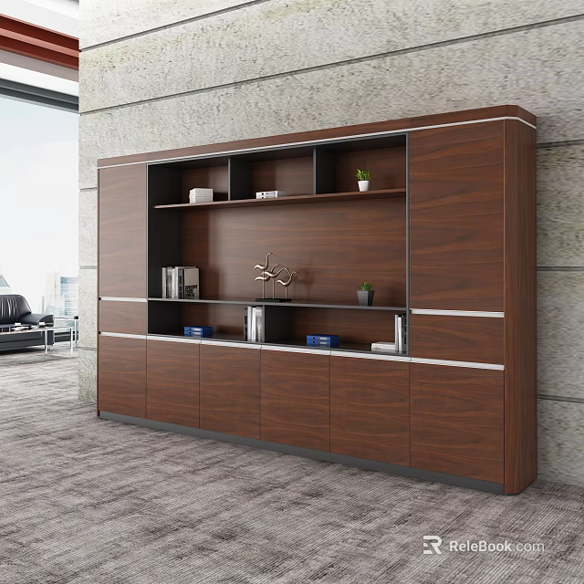Modern Walnut Wooden File Cabinet With Drawers Open Shelves Books Decorative Items and Potted Plant 3d model 