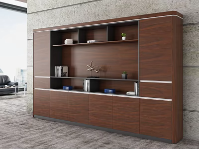 Modern Walnut Wooden File Cabinet With Drawers Open Shelves Books Decorative Items and Potted Plant 3d model