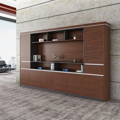 Modern Walnut Wooden File Cabinet With Drawers Open Shelves Books Decorative Items and Potted Plant 3d model