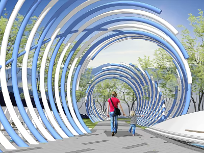 Blue and White Curved Pergola Structure in Outdoor Park with People Walking Along Pathway 3d model