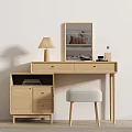 Modern Wooden Dressing Table with Mirror Lamp Cabinet and Stool 3d model