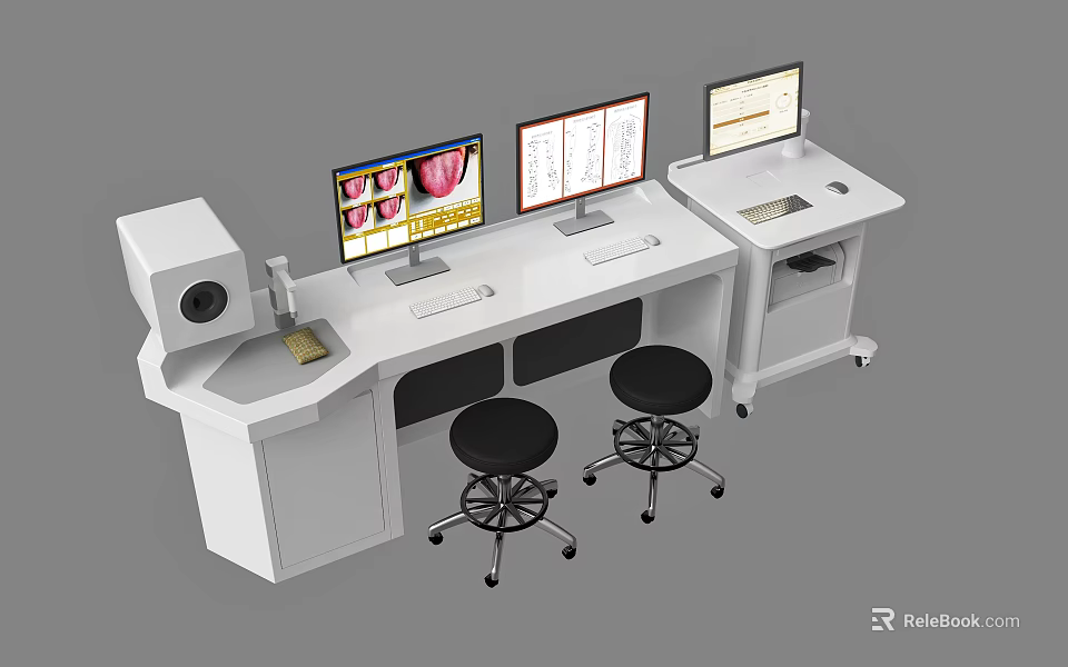 Modern Medical Workstation With Multiple Monitors Medical Images And Ergonomic Stools 3d model 