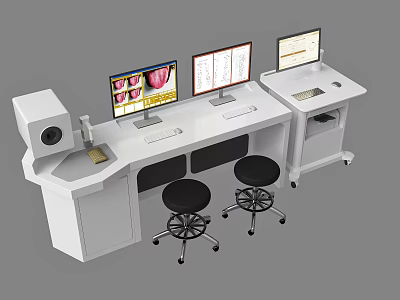 Modern Medical Workstation With Multiple Monitors Medical Images And Ergonomic Stools 3d model