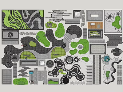 Garden Features Design Layout With Curved Green Areas Stone Pathways And Water Elements 3d model