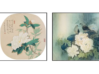 Traditional Oriental Botanical Paintings With White Flowers Green Leaves And Birds 3d model